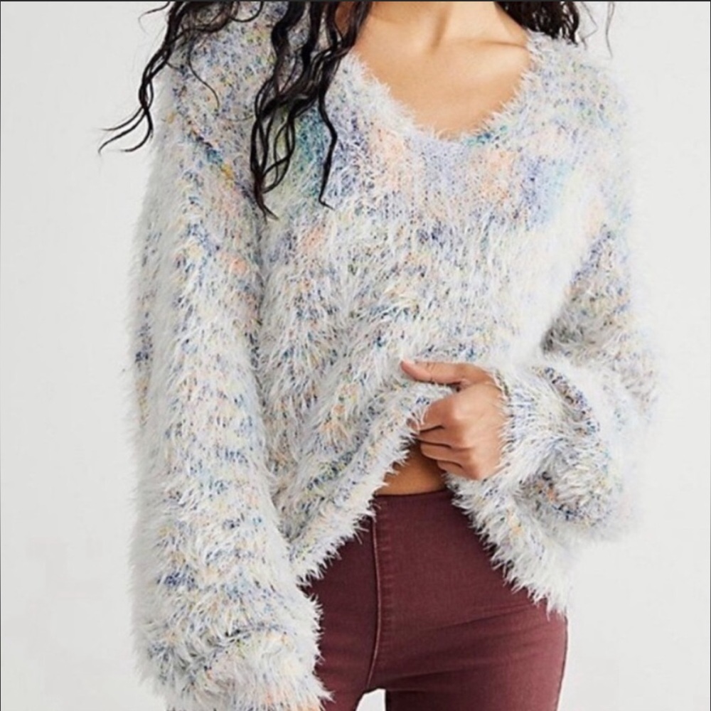 FREE PEOPLE eyelash sweater v-neck fuzzy balloon sleeve knit blue multicolor - Picture 2 of 3